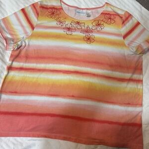 Alfred Dunner Kids Floral Striped Tee - Orange and Yellow